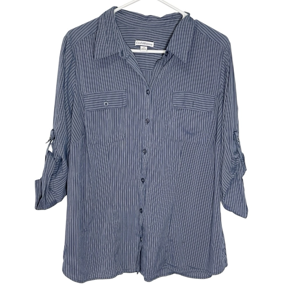Croft & Barrow 1X Blue Pinstripe Button Down Roll Tab Sleeve Shirt Officecore